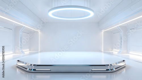 Futuristic white room with platform