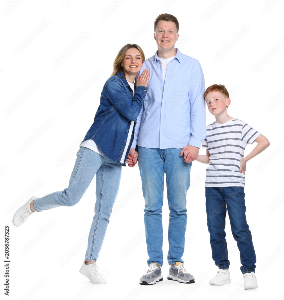 Fototapeta premium Happy family holding hands on white background