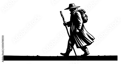 Canvas-taulu Silhouette of a Wanderer Traveler Walking with a Stick and Backpack - Nomadic Ma