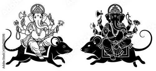 Bild auf Leinwand Lord Ganesha Sitting on a Rat Hindu God Illustration Set - Indian Mythology Spir