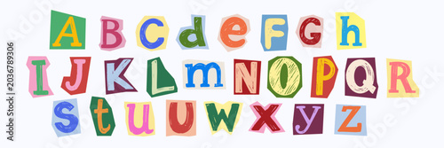 Crayon hand drawn collage alphabet set with playful cut out letters. Fun childish font collection. Vector print.