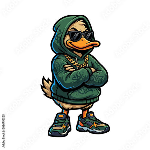 Cool hip hop duck character wearing a green graffiti hoodie and dark sunglasses with gold chain in this sharp vibrant vector graphic illustration for urban designs