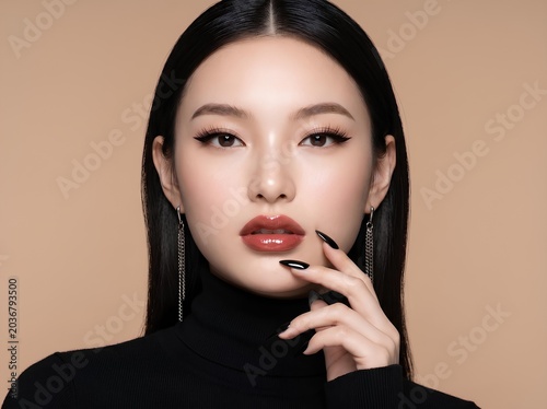 洗練されたメイクと黒いネイルを施した若いアジア人女性が、顎に手を添えて正面を見つめているクローズアップ。ベージュの背景をバックに、エレガントでモダンなビューティー、コスメ、ファッションのコンセプトを表現。
