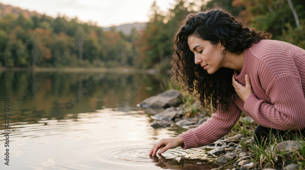 Fototapeta premium Woman touching water surface of a lake in autumn. Young female with curly hair in pink sweater by forest lakeside. Connection with nature and mindfulness concept. Copy space for text