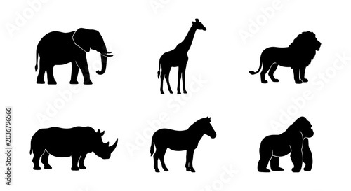Bild auf Leinwand Set of wild animal silhouettes including elephant, giraffe, lion, rhinoceros, ze