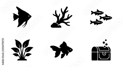Set of aquarium icons including fish, coral, plants and treasure chest