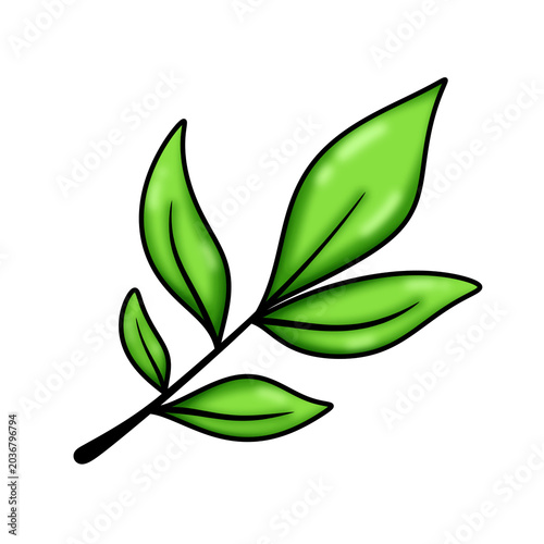 A clean and versatile raster illustration depicting a stylized branch with multiple green leaves.