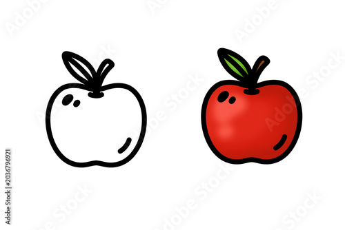 Simple vector illustration of an apple presented in two versions: a black-and-white line art outline (left) and a fully colored glossy red apple with a green leaf (right)
