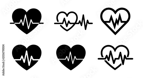 Set of heart beat icons, ekg pulse line inside heart shape, medical cardiology symbols
