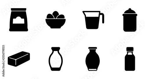 Tableau sur toile Set of kitchen ingredients icons, including flour, eggs, measuring cup, sugar, b