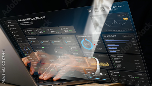 AI automation workflow dashboard, business process management software, real-time KPI monitoring, enterprise performance analytics, businessman hands typing on laptop, digital transformation concept