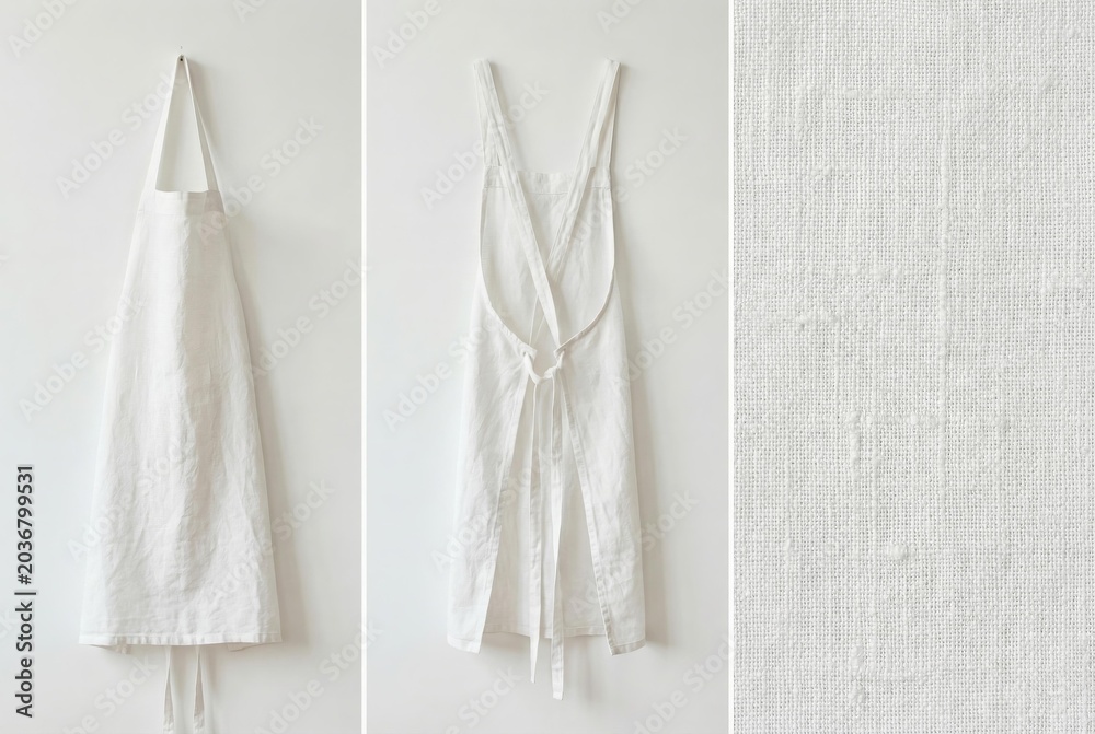 Fototapeta premium Minimalist white linen cross back apron hanging on a wall