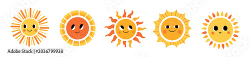 Cute smiling sun collection for summer design.