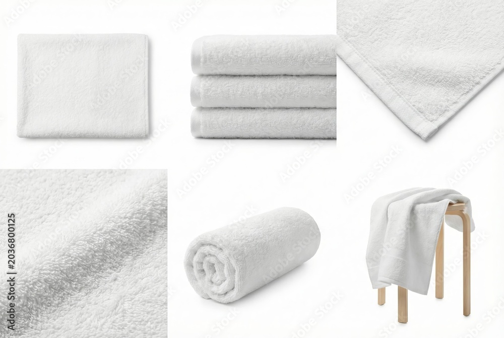 Obraz premium Collection of white fluffy towels arranged in various ways