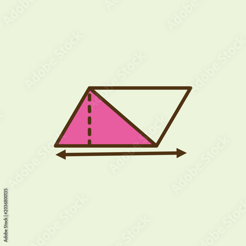 Minimalist flat cartoon parallelogram icon divided into a pink triangle to demonstrate mathematical area formula calculation. Perfect for student school math textbooks and education posters.