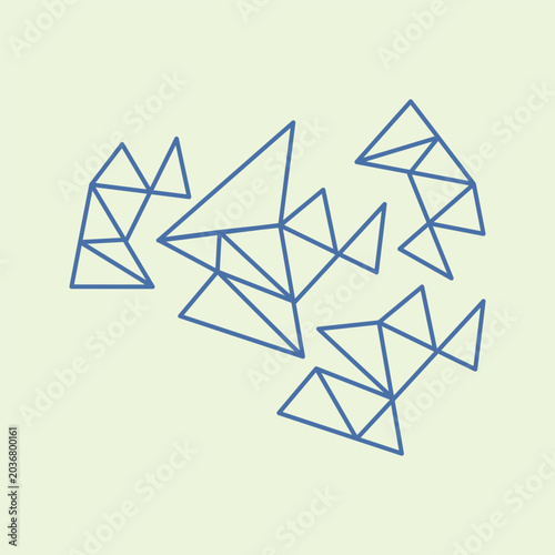 Minimalist flat cartoon abstract background layout featuring blue geometric lines forming a cluster of triangles that look like fish patterns. Perfect for creative cover designs and corporate assets.