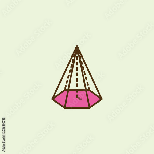 Minimalist flat cartoon hexagonal pyramid icon with pink base and brown outline showing height measurement lines. Perfect for student school math textbooks, geometry education posters, and graphics.