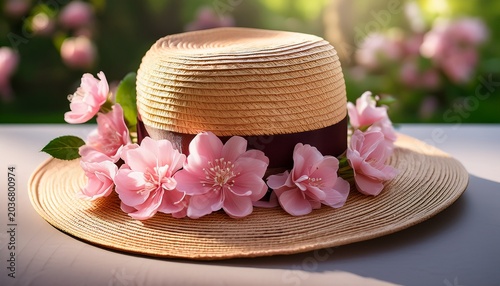 Charming And Delightful Summer Straw Hat Featuring Beautiful Pink Flowers Accents