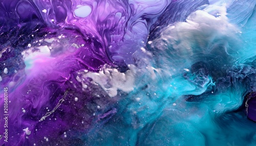 Cosmic Dream Acrylic Paint Splatter Background In Violet Cyan And Silver Shades