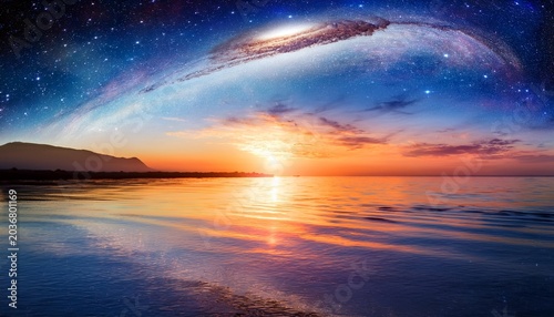 Ethereal Dreamscape A Serene Sunset Over A Luminous Reflective Ocean Under A Starry Swirling Cosmos