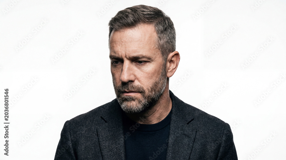 Obraz premium Close-up Portrait of a Pensive Mature Man with Salt and Pepper Beard Wearing a Charcoal Wool Blazer, Serious Expression on White Background