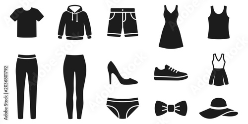 Fashion Clothing Icon Set Black and White Apparel Accessories Vector Illustration Collection Isolated On Transparent Background