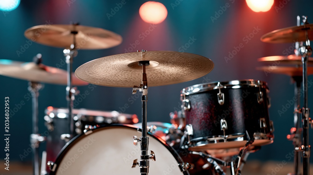Fototapeta premium Close-up of a professional drum kit on a concert stage with dramatic lighting