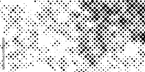 Foto Abstract black and white halftone background with irregular round dots grid pattern retro pop art design, circle textures minimalist monochrome spotted backdrop vector layout