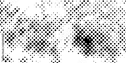 Tableau sur toile Abstract black and white halftone background with irregular round dots grid pattern retro pop art design, circle textures minimalist monochrome spotted backdrop vector layout