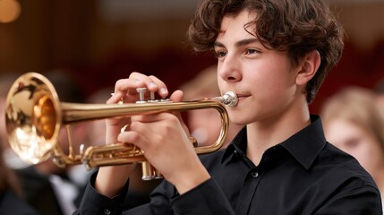 Teenage boy playing trumpet in a school orchestra performance