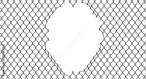 Tableau sur toile Damaged chain link fence with ripped opening in the center