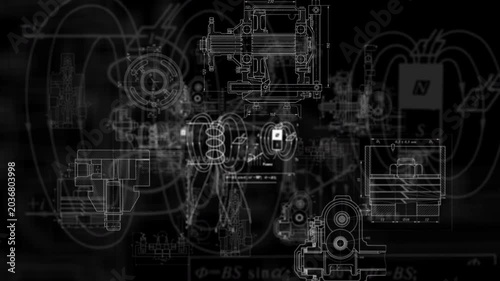 Animated physics and mechanical engineering blueprints with electromagnetic schematics on black technical background