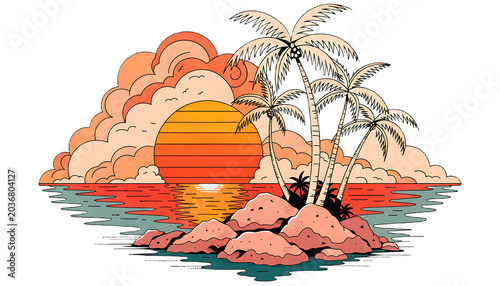 Tropical island with palm trees and sunset isolated on transparent background