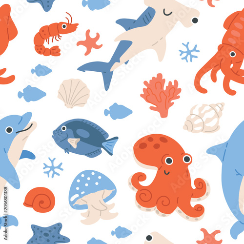 kids seamless pattern with marine animals . with octopus, shark, dolphin, squid and fish in colourful flat vector style 