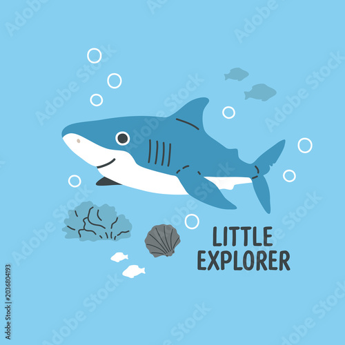 kids print with baby shark illustration with underwater elements and Little Explorer lettering in flat vector style.