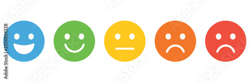 Schilderij op canvas Five colored smiley face showing different emotions from happy to sad emoji emot