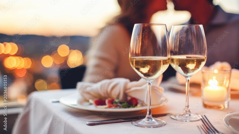 Fototapeta premium Romantic dinner setting with wine glasses and blurred couple kissing at sunset. Elegant evening atmosphere with candlelight, city lights and fine dining on rooftop terrace