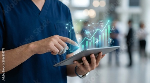 Healthcare professional analyzing data on a tablet with graphs and charts