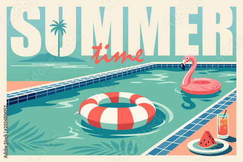 Retro vector poster of a sunny swimming pool with flamingo float, striped inflatable ring, watermelon slice and iced drink. Teal palette, vintage summer mood.