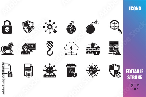 Cyber Security Threats and Network Risk Management Vector Icons Pack, Malware Protection Firewall and Server Defense Glyph Icons Set with Editable Stroke