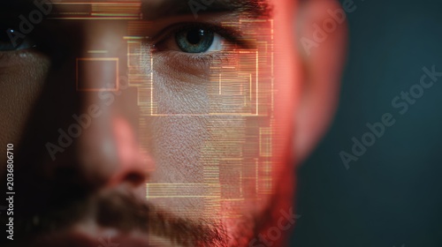 Man's eye looking forward, face showing digital overlay with identification data and ai scanning for facial recognition and biometric security access