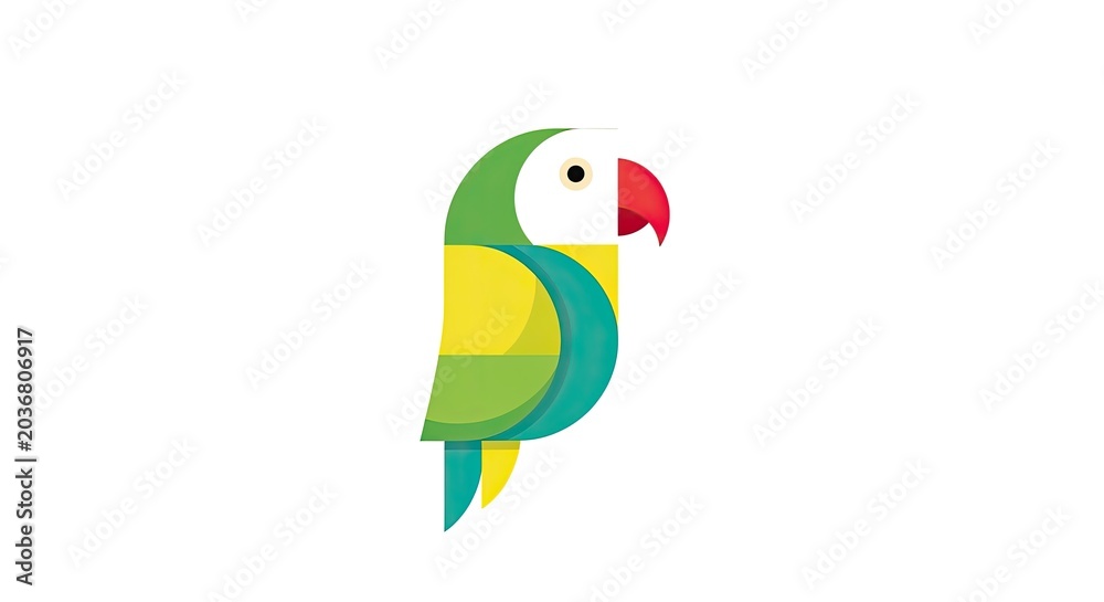 Fototapeta premium Colorful geometric parrot icon with green and yellow plumage.