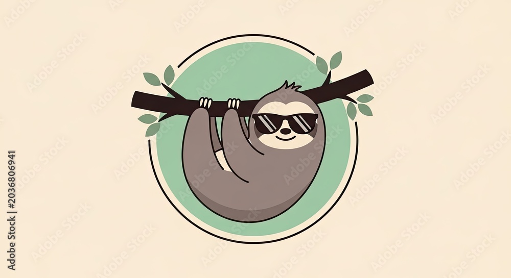 Obraz premium Cool cartoon sloth wearing sunglasses on a branch.