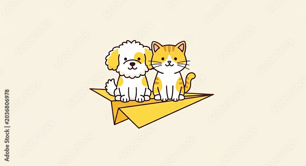Fototapeta premium Cute cartoon cat and dog flying in paper airplane.