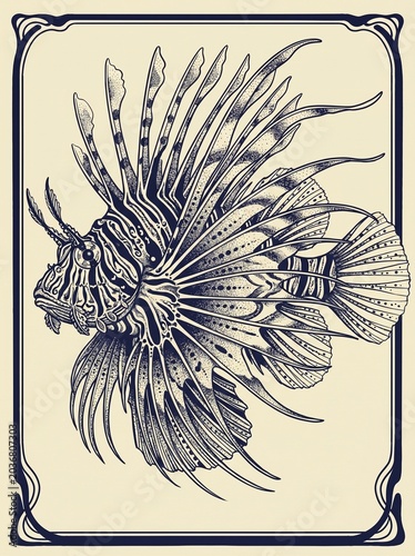 Lionfish in vintage engraved marine illustration style