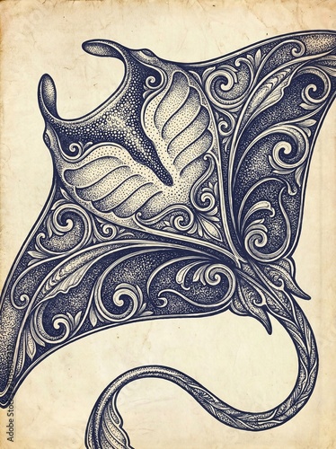 Manta ray in ornate vintage marine illustration style