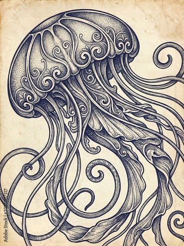 Vintage jellyfish in engraved marine illustration style