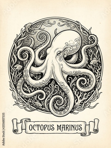 Vintage octopus emblem in engraved marine illustration style