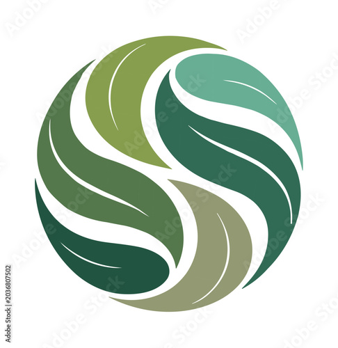 Circular Green Leaf Logo: A stylized circular logo design featuring interlocking green leaves, symbolizing nature, growth, and sustainability in a harmonious flow.