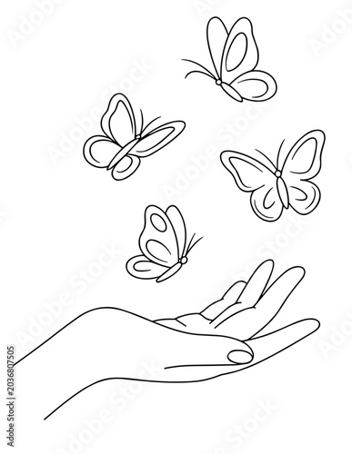 Butterflies Take Flight from Open Hand: A delicate hand is open, releasing four elegant butterflies into the air, symbolizing freedom and new beginnings.